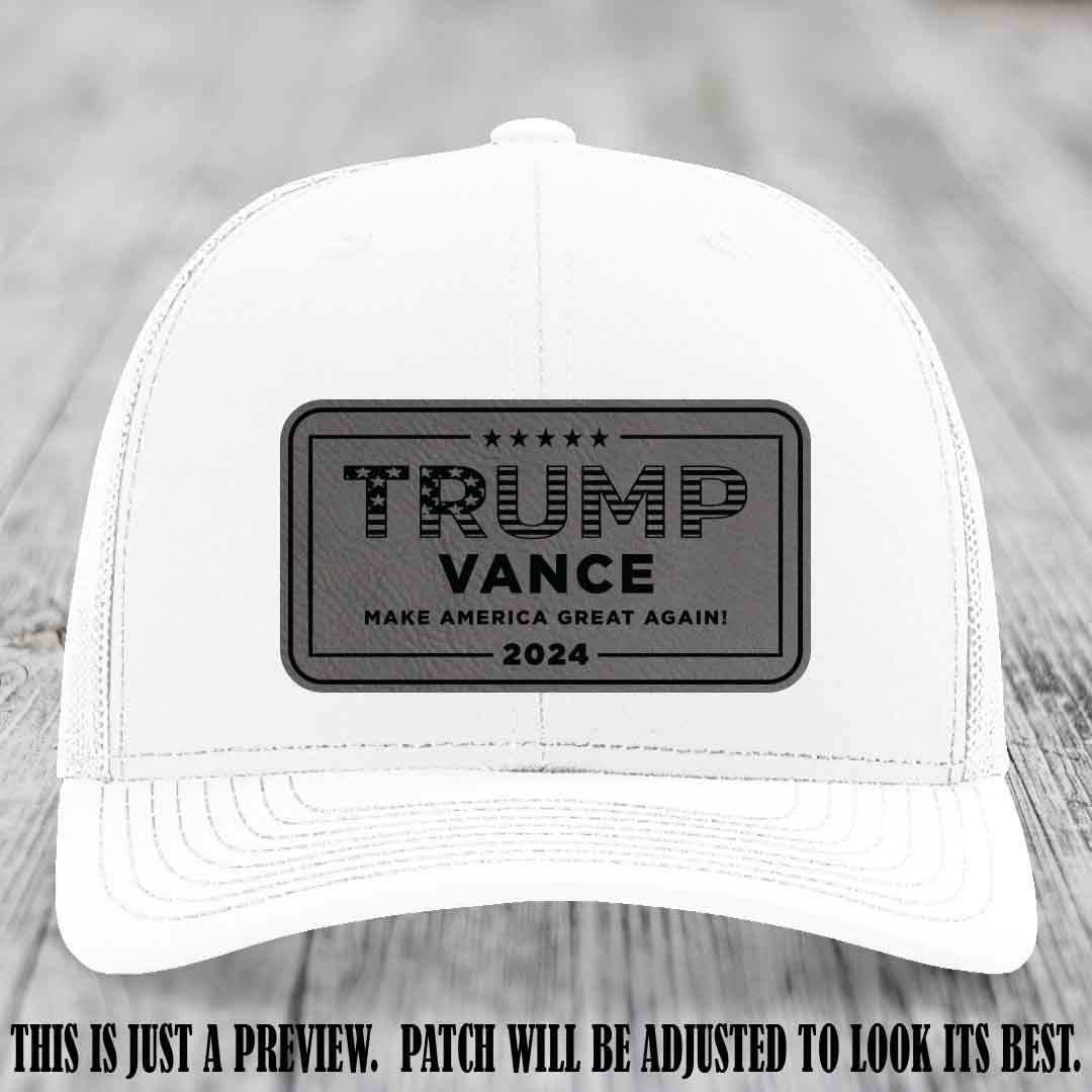TRUMP VANCE 2024 patch on Grey to Black Patch shown on White Hat Richardson 112 hat