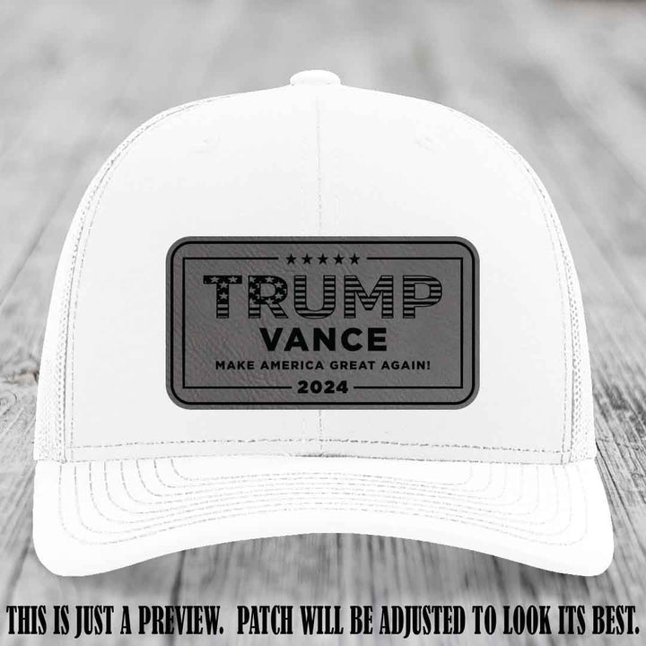 TRUMP VANCE 2024 patch on Grey to Black Patch shown on White Hat Richardson 112 hat