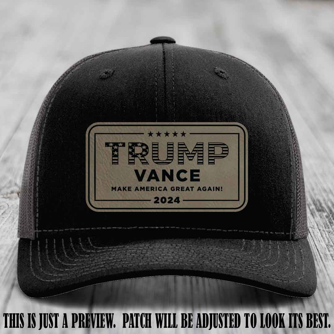 TRUMP VANCE 2024 patch on Light Brown to Black Patch shown on Black to Charcoal Hat Richardson 112 hat