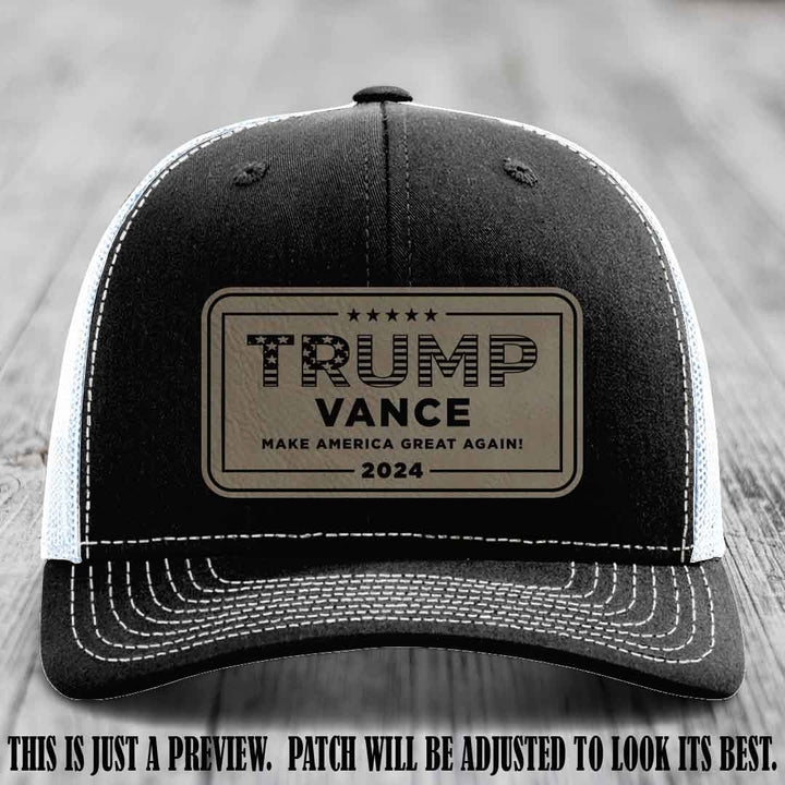 TRUMP VANCE 2024 patch on Light Brown to Black Patch shown on Black to White Hat Richardson 112 hat
