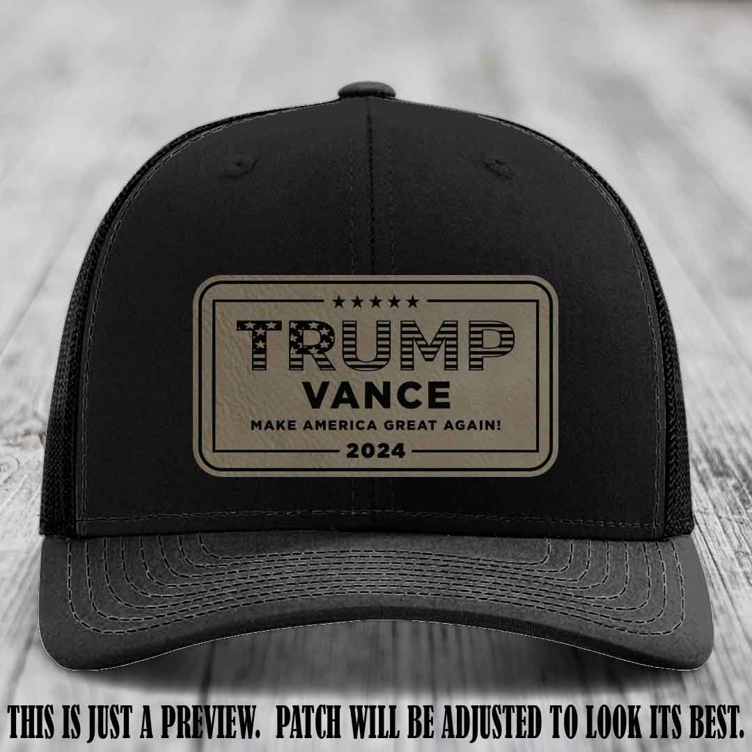 TRUMP VANCE 2024 patch on Light Brown to Black Patch shown on Black Hat Richardson 112 hat