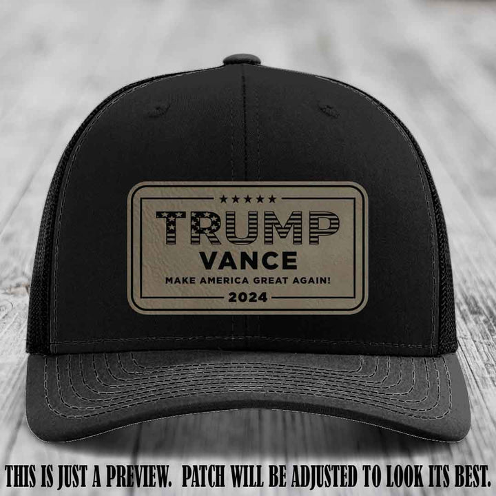 TRUMP VANCE 2024 patch on Light Brown to Black Patch shown on Black Hat Richardson 112 hat