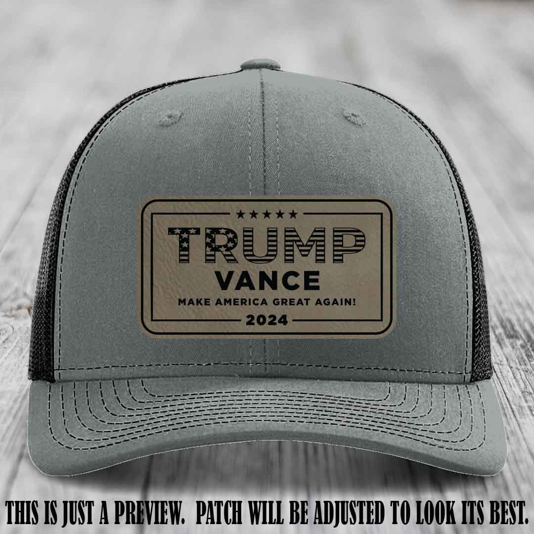 TRUMP VANCE 2024 patch on Light Brown to Black Patch shown on Heather Grey to Black Hat Richardson 112 hat