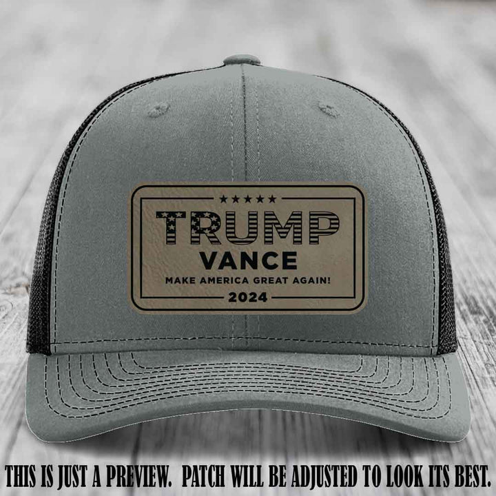 TRUMP VANCE 2024 patch on Light Brown to Black Patch shown on Heather Grey to Black Hat Richardson 112 hat