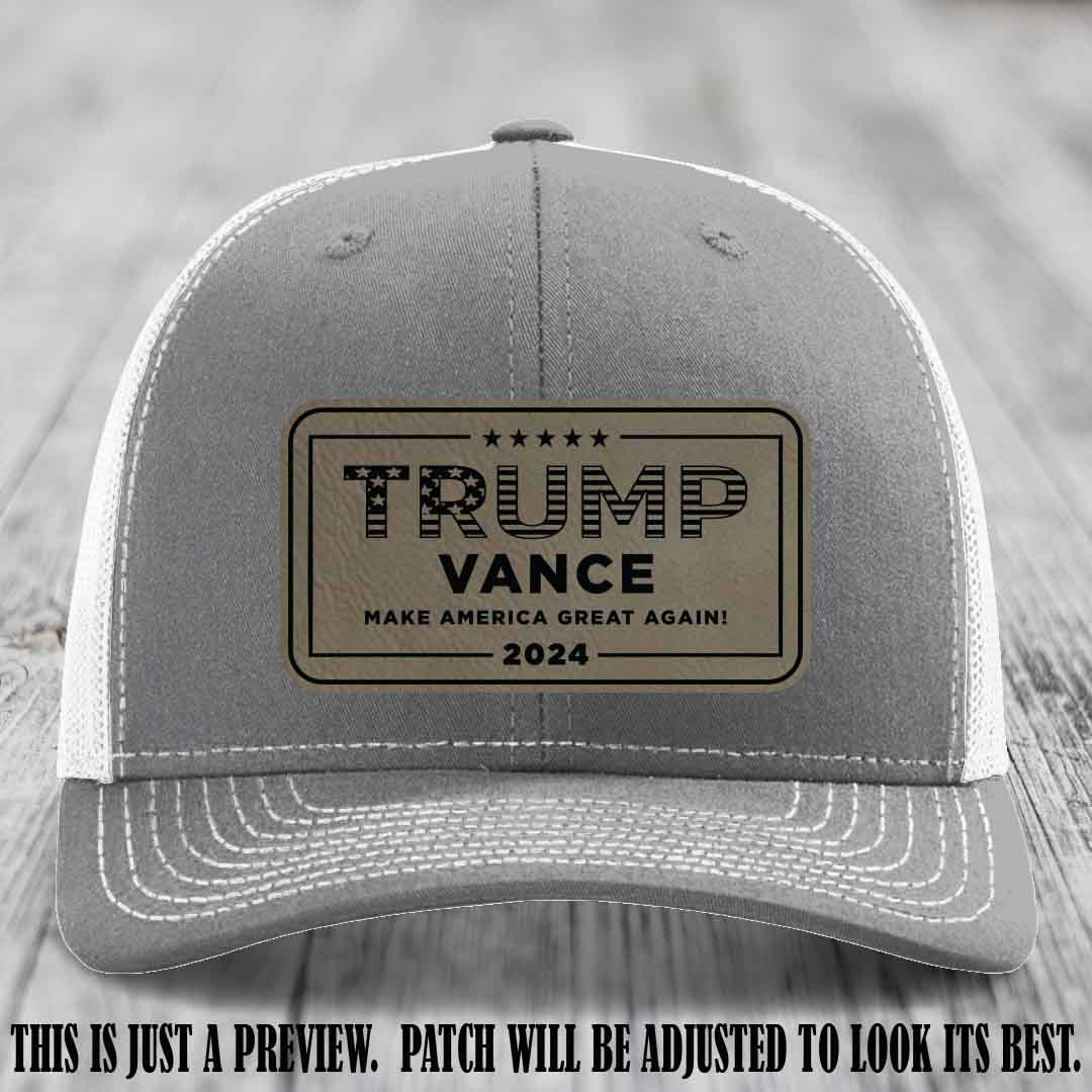 TRUMP VANCE 2024 patch on Light Brown to Black Patch shown on Heather Grey to White Hat Richardson 112 hat