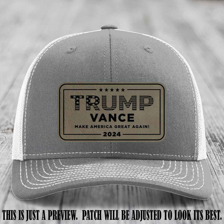 TRUMP VANCE 2024 patch on Light Brown to Black Patch shown on Heather Grey to White Hat Richardson 112 hat