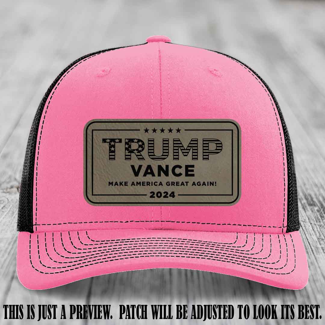 TRUMP VANCE 2024 patch on Light Brown to Black Patch shown on Hot Pink to Black Hat Richardson 112 hat