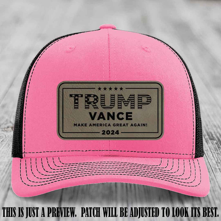 TRUMP VANCE 2024 patch on Light Brown to Black Patch shown on Hot Pink to Black Hat Richardson 112 hat