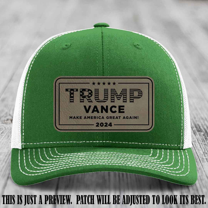 TRUMP VANCE 2024 patch on Light Brown to Black Patch shown on Kelly to White Hat Richardson 112 hat