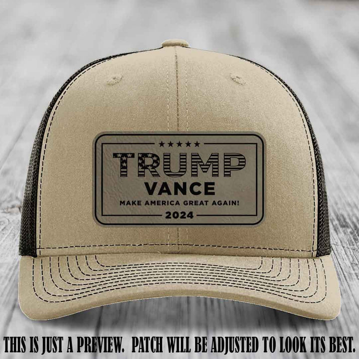TRUMP VANCE 2024 patch on Light Brown to Black Patch shown on Khaki to Coffee Hat Richardson 112 hat