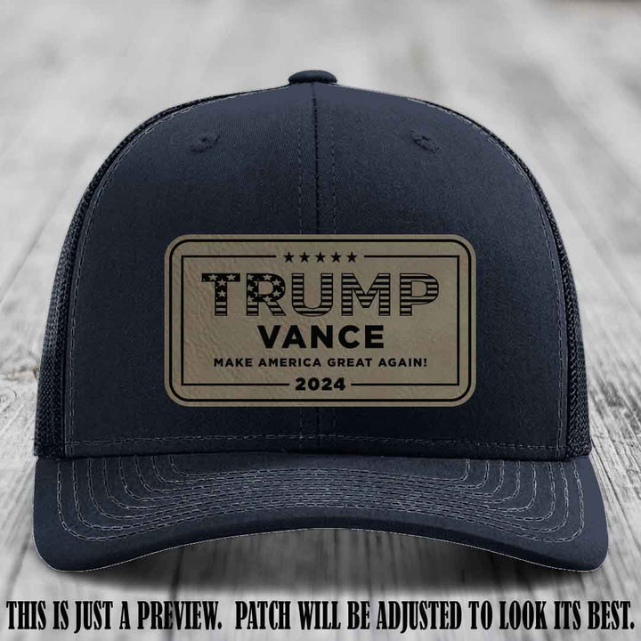 TRUMP VANCE 2024 patch on Light Brown to Black Patch shown on Navy Hat Richardson 112 hat
