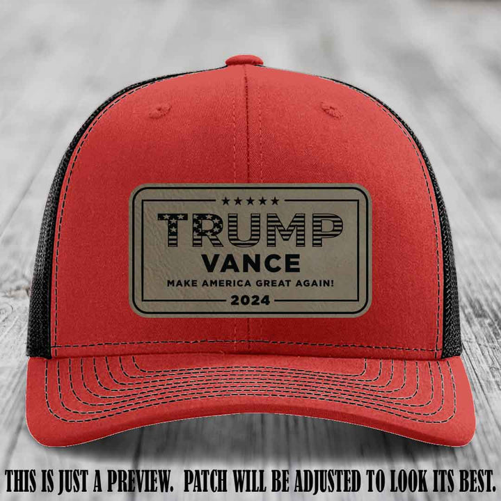 TRUMP VANCE 2024 patch on Light Brown to Black Patch shown on Red to Black Hat Richardson 112 hat