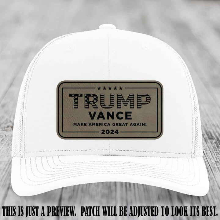 TRUMP VANCE 2024 patch on Light Brown to Black Patch shown on White Hat Richardson 112 hat