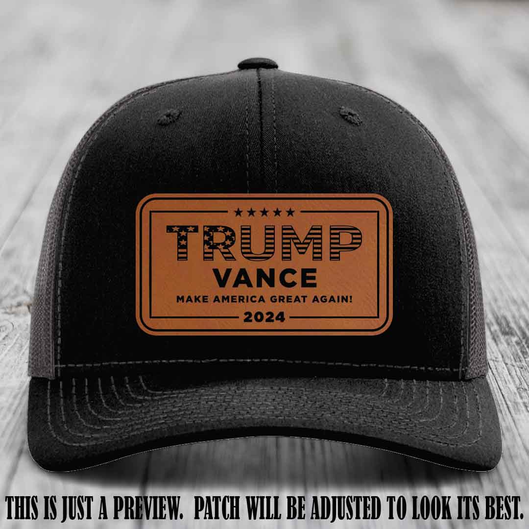 TRUMP VANCE 2024 patch on Rawhide to Black Patch shown on Black to Charcoal Hat Richardson 112 hat