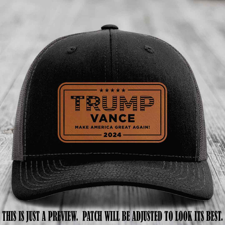 TRUMP VANCE 2024 patch on Rawhide to Black Patch shown on Black to Charcoal Hat Richardson 112 hat