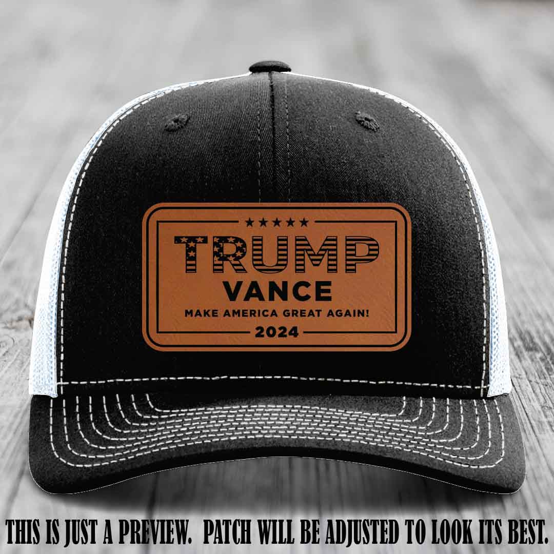 TRUMP VANCE 2024 patch on Rawhide to Black Patch shown on Black to White Hat Richardson 112 hat