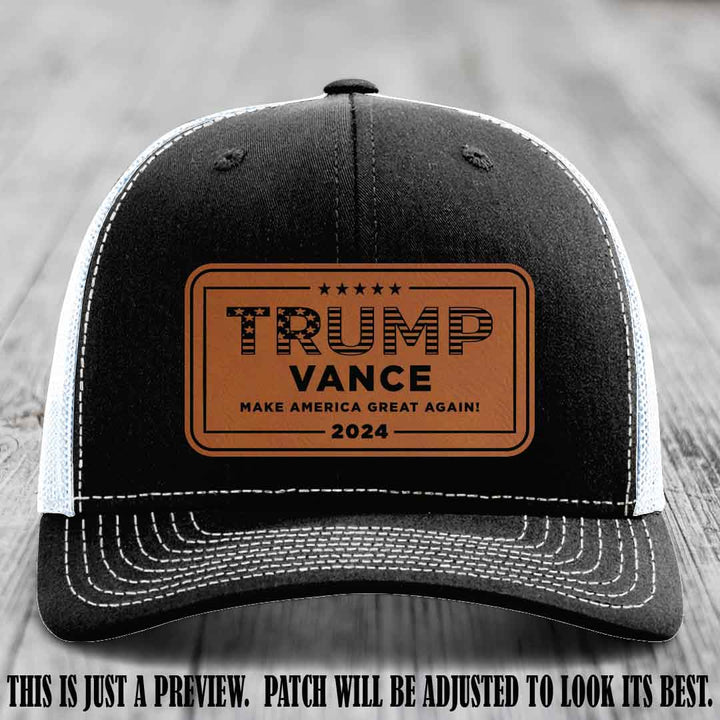 TRUMP VANCE 2024 patch on Rawhide to Black Patch shown on Black to White Hat Richardson 112 hat