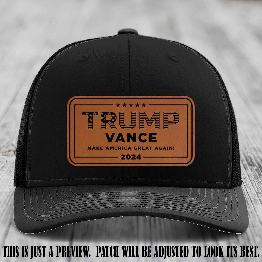 TRUMP VANCE 2024 patch on Rawhide to Black Patch shown on Black Hat Richardson 112 hat