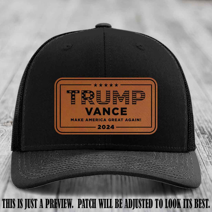 TRUMP VANCE 2024 patch on Rawhide to Black Patch shown on Black Hat Richardson 112 hat