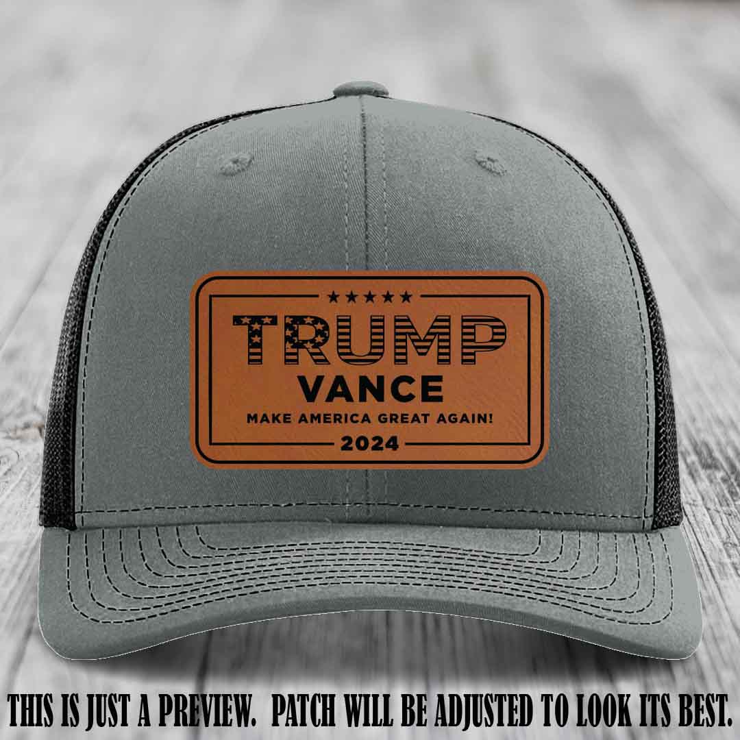 TRUMP VANCE 2024 patch on Rawhide to Black Patch shown on Heather Grey to Black Hat Richardson 112 hat