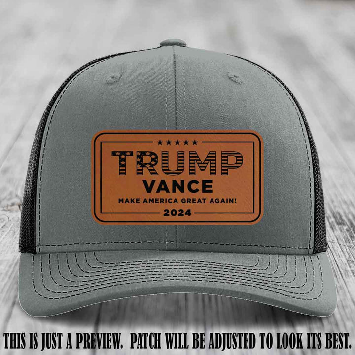 TRUMP VANCE 2024 patch on Rawhide to Black Patch shown on Heather Grey to Black Hat Richardson 112 hat