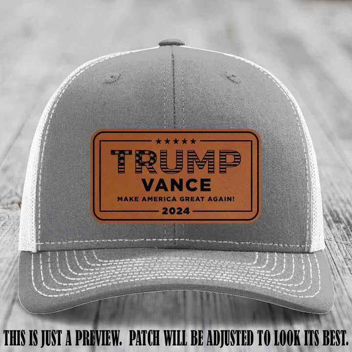 TRUMP VANCE 2024 patch on Rawhide to Black Patch shown on Heather Grey to White Hat Richardson 112 hat