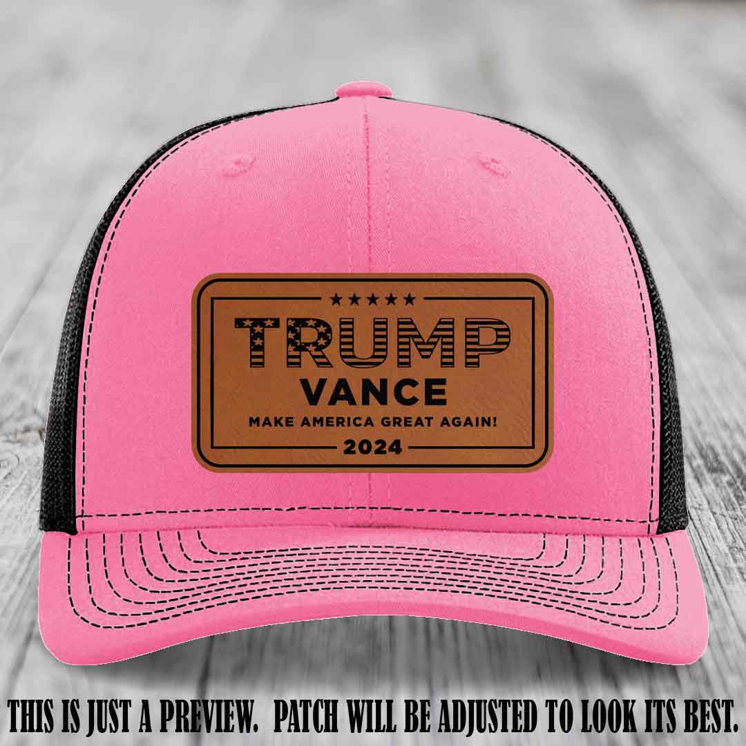 TRUMP VANCE 2024 patch on Rawhide to Black Patch shown on Hot Pink to Black Hat Richardson 112 hat