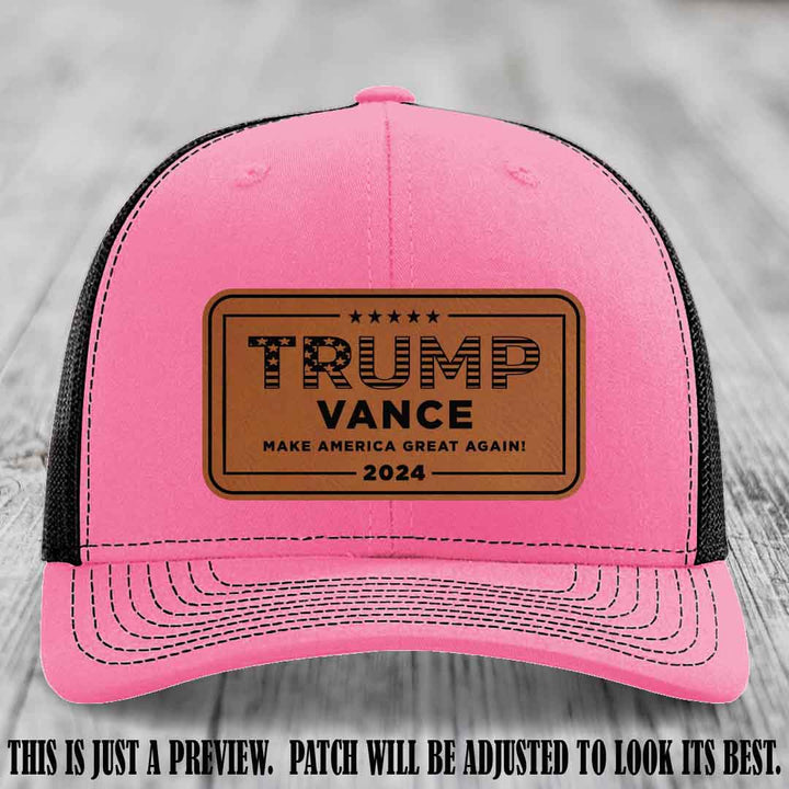 TRUMP VANCE 2024 patch on Rawhide to Black Patch shown on Hot Pink to Black Hat Richardson 112 hat