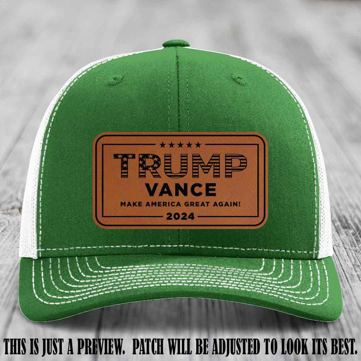 TRUMP VANCE 2024 patch on Rawhide to Black Patch shown on Kelly to White Hat Richardson 112 hat