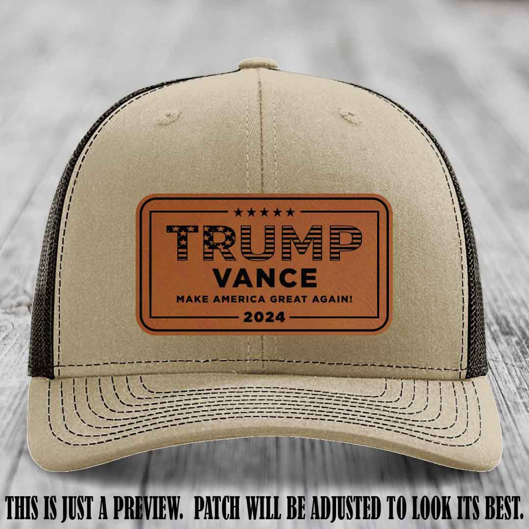 TRUMP VANCE 2024 patch on Rawhide to Black Patch shown on Khaki to Coffee Hat Richardson 112 hat