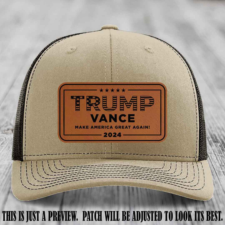 TRUMP VANCE 2024 patch on Rawhide to Black Patch shown on Khaki to Coffee Hat Richardson 112 hat