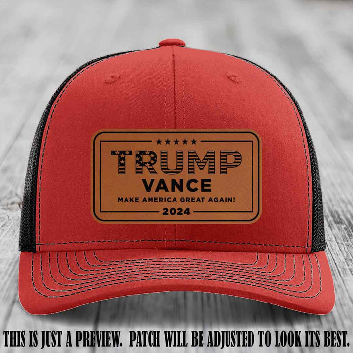 TRUMP VANCE 2024 patch on Rawhide to Black Patch shown on Red to Black Hat Richardson 112 hat