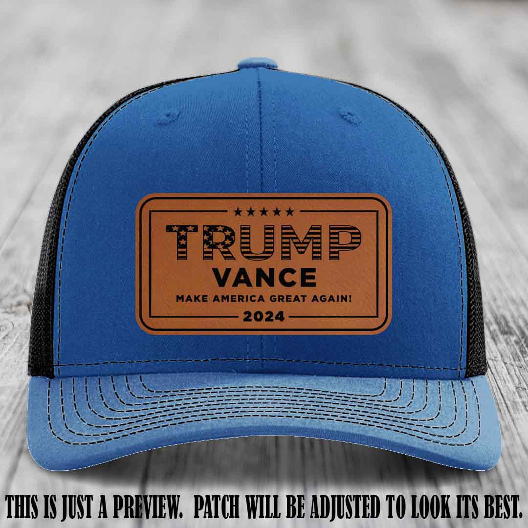 TRUMP VANCE 2024 patch on Rawhide to Black Patch shown on Royal to Black Hat Richardson 112 hat