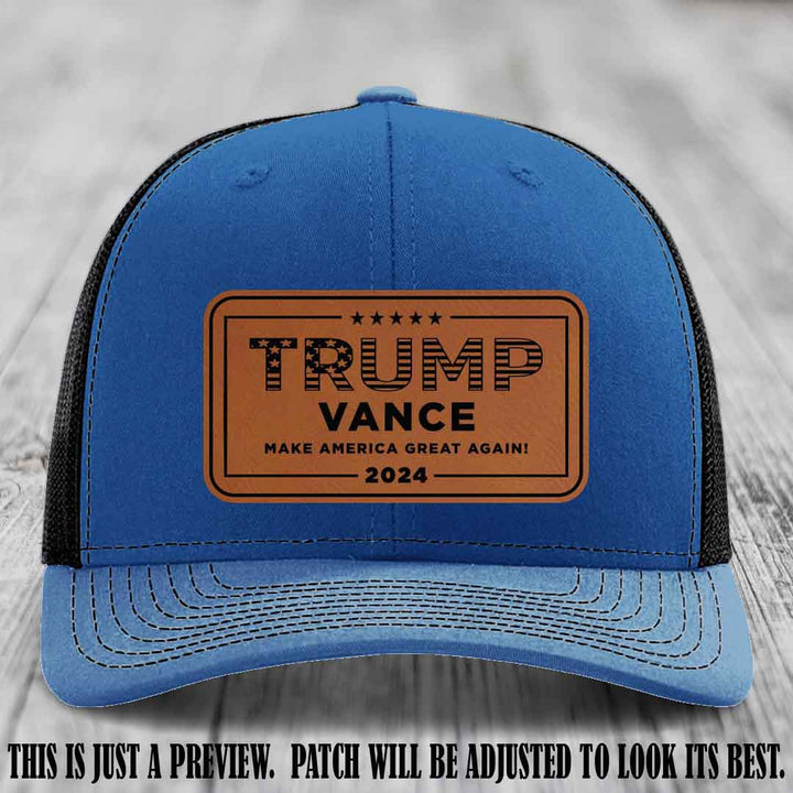 TRUMP VANCE 2024 patch on Rawhide to Black Patch shown on Royal to Black Hat Richardson 112 hat