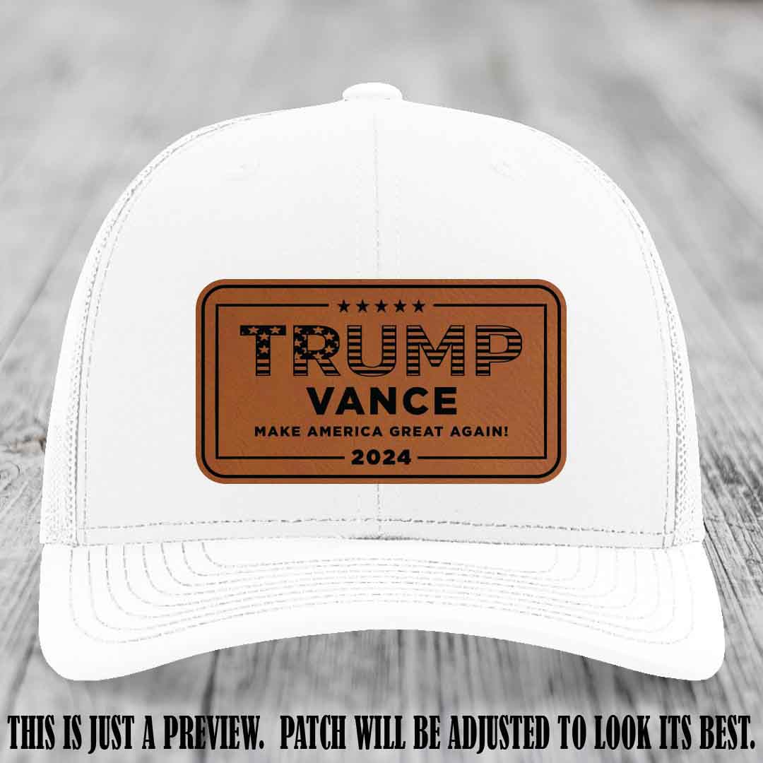 TRUMP VANCE 2024 patch on Rawhide to Black Patch shown on White Hat Richardson 112 hat