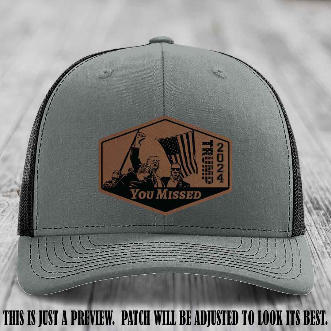 You Missed leather patch on Heather Grey to Black Hat with Dark Brown to Black Patch