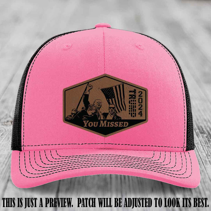 You Missed leather patch on Hot Pink to Black Hat with Dark Brown to Black Patch