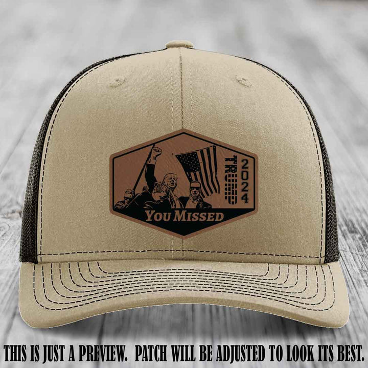 You Missed leather patch on Khaki to Coffee Hat with Dark Brown to Black Patch