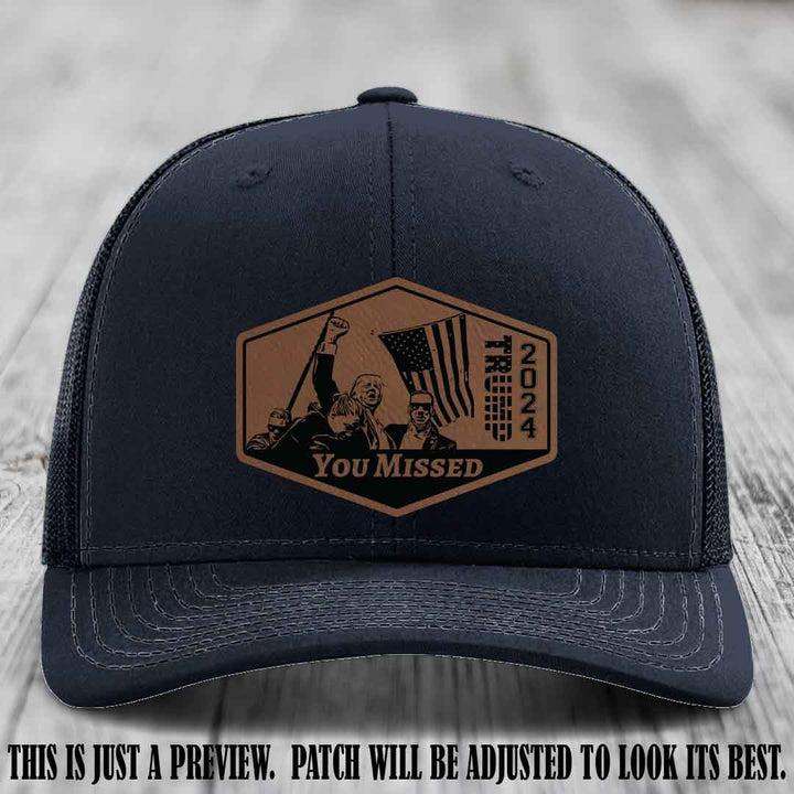 You Missed leather patch on Navy Hat with Dark Brown to Black Patch