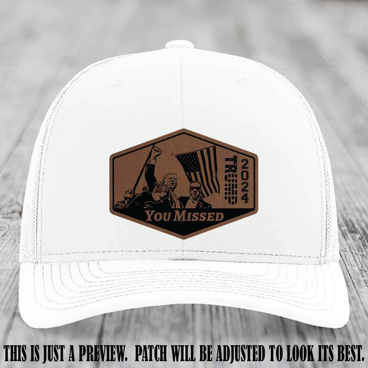 You Missed leather patch on White Hat with Dark Brown to Black Patch
