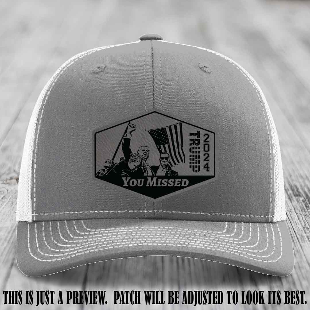 You Missed leather patch on Heather Grey to White Hat with Grey to Black Patch