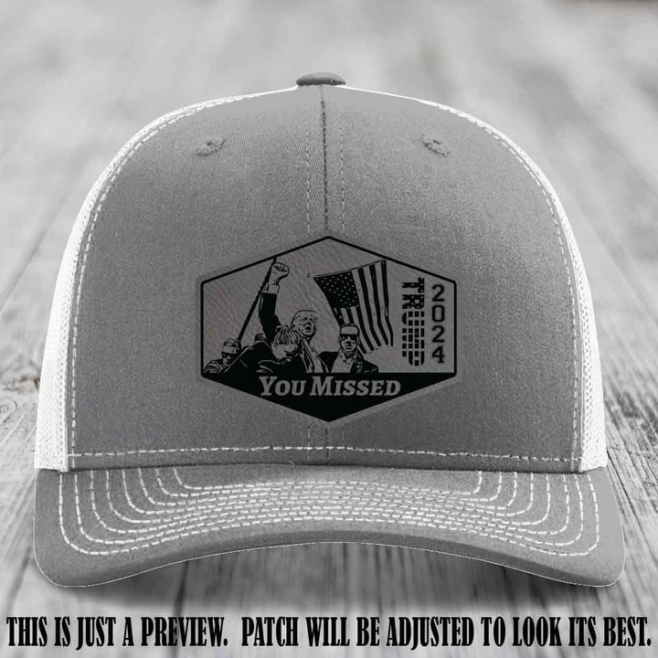 You Missed leather patch on Heather Grey to White Hat with Grey to Black Patch