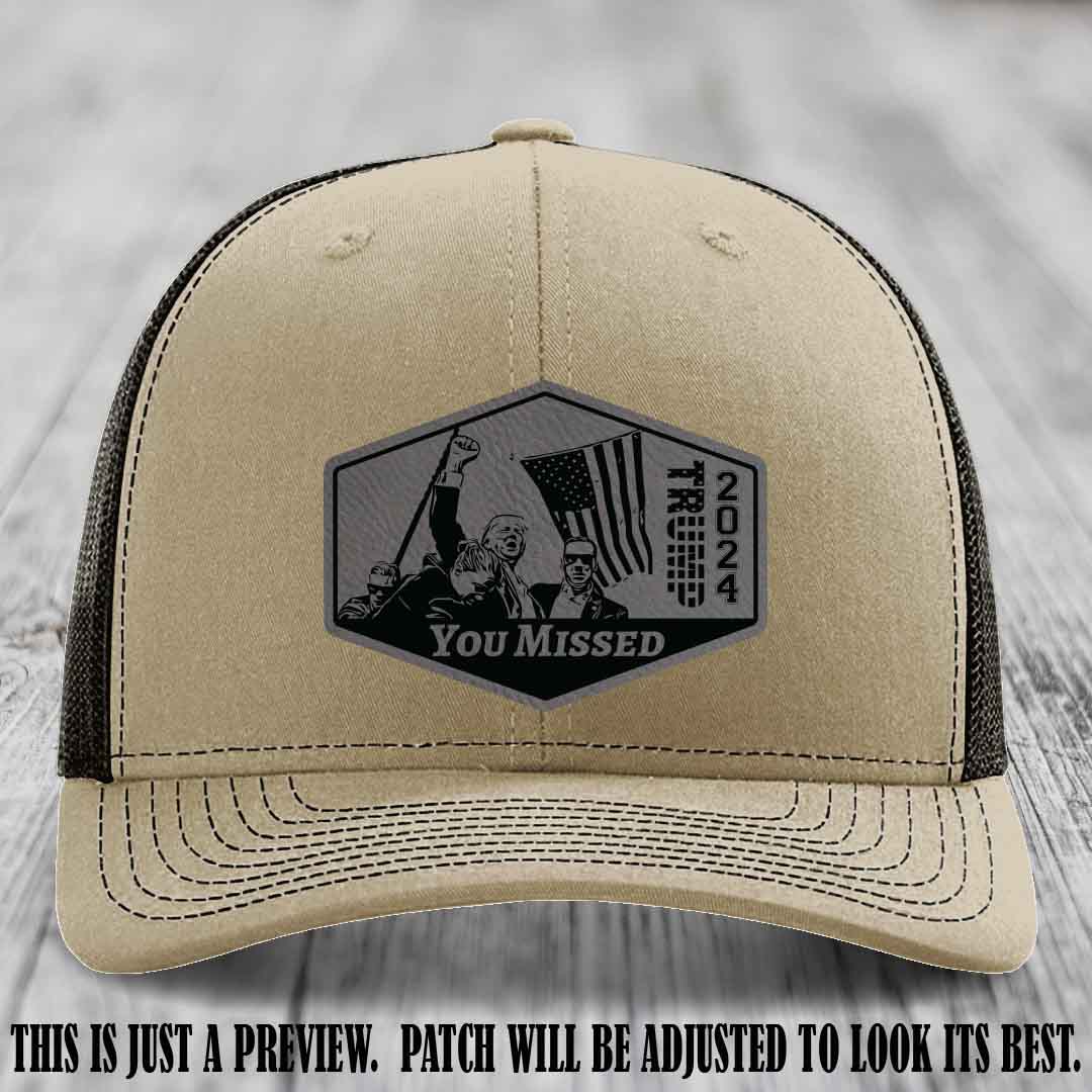 You Missed leather patch on Khaki to Coffee Hat with Grey to Black Patch