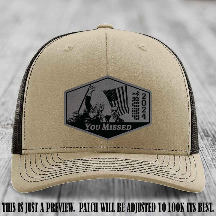 You Missed leather patch on Khaki to Coffee Hat with Grey to Black Patch