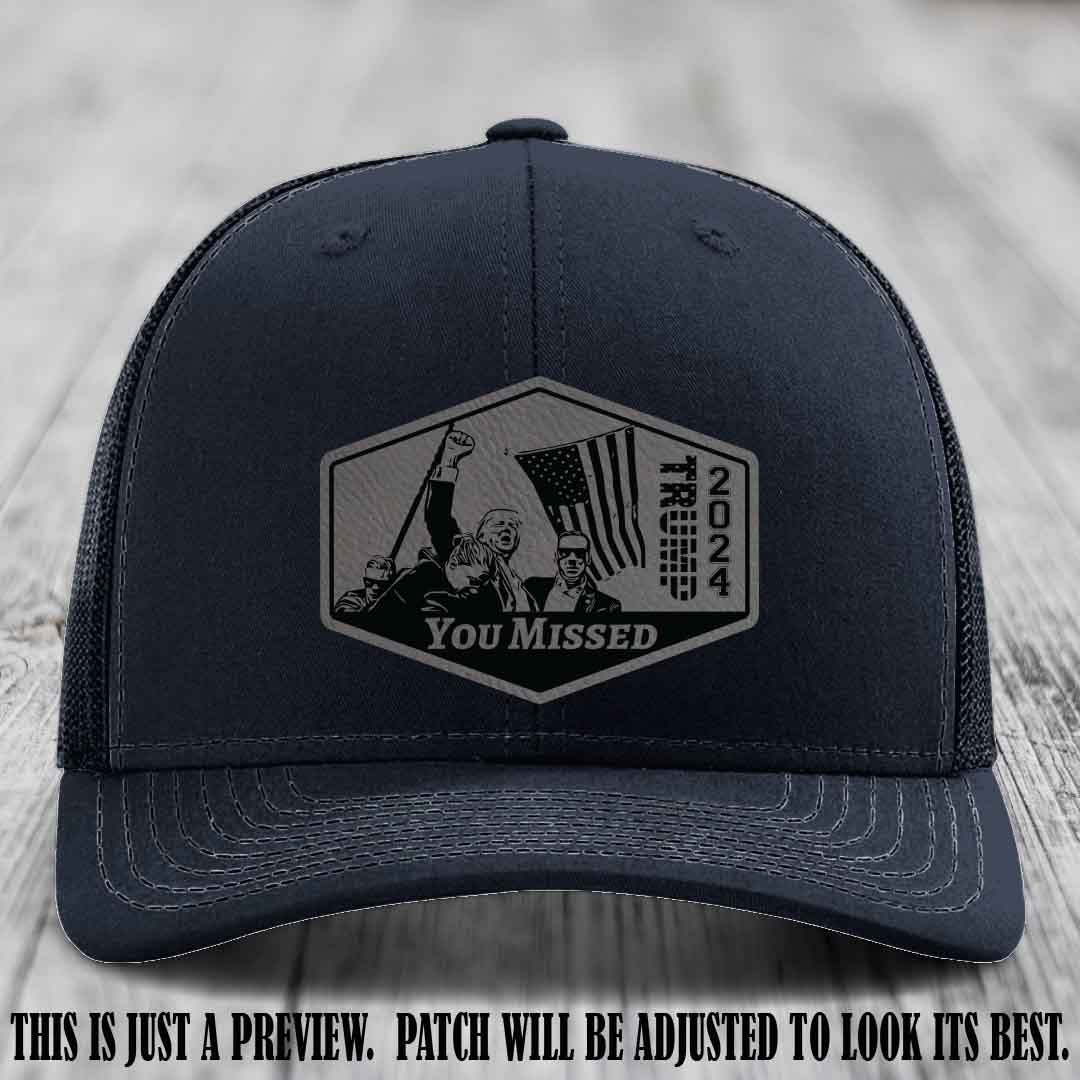 You Missed leather patch on Navy Hat with Grey to Black Patch