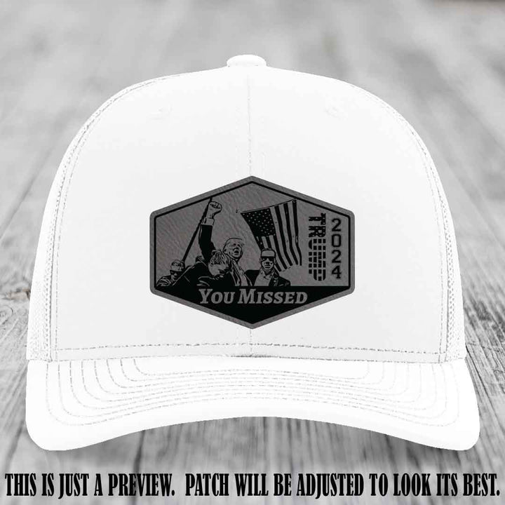 You Missed leather patch on White Hat with Grey to Black Patch