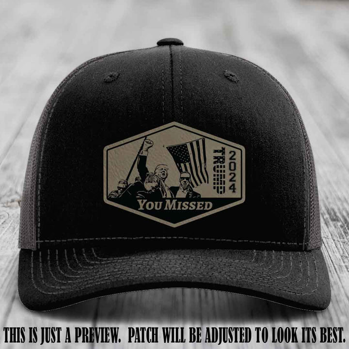 You Missed leather patch on Black to Charcoal Hat with Light Brown to Black Patch