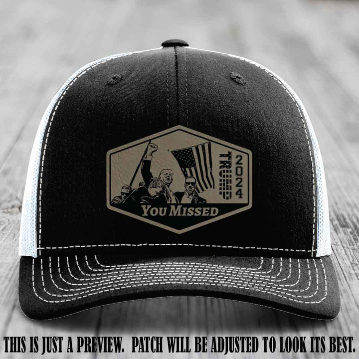 You Missed leather patch on Black to White Hat with Light Brown to Black Patch
