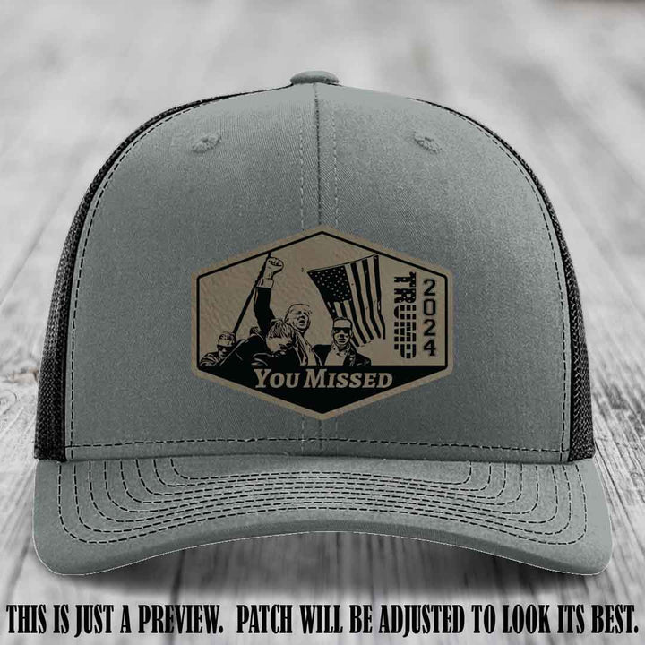 You Missed leather patch on Heather Grey to Black Hat with Light Brown to Black Patch