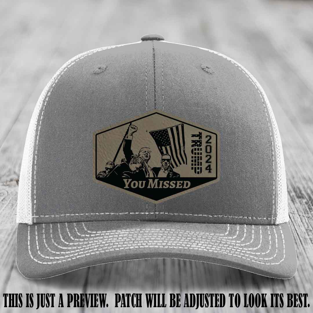 You Missed leather patch on Heather Grey to White Hat with Light Brown to Black Patch